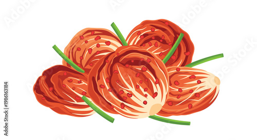 Vibrant fermented kimchi cabbage rolls coated in spicy red chili paste and garnished with fresh green scallion stalks rest on a plain white background.