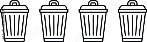 Professional black line vector collection of dustbin icons representing junk removal refuse disposal cleanliness utility services and street sanitation elements.
