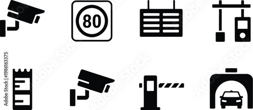 Security and traffic control icon set featuring surveillance camera speed limit sign parking meter gate barrier and car wash symbols vector.