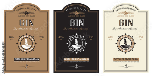 collection of gin labels with yacht and helm in retro style