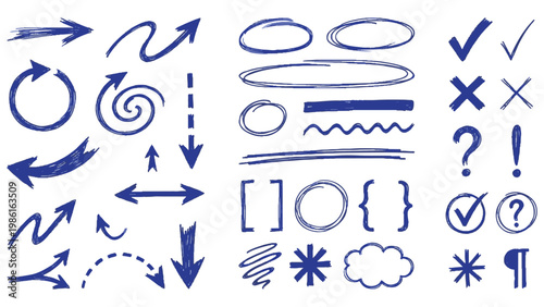 Blue Ink Pen Annotation Symbol Set for Document Proofreading, Editorial Correction, Academic Exam Markup and Creative Design Layout Projects