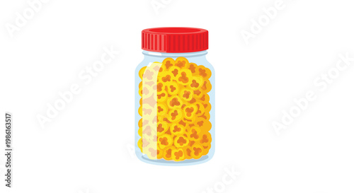 A clear glass storage jar filled to the brim with yellow flower-shaped pasta pieces and sealed with a red ribbed lid stands on a pristine white background.