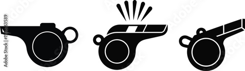 Black and white whistle icon set, sports referee equipment, coaching tools, isolated vector illustration elements