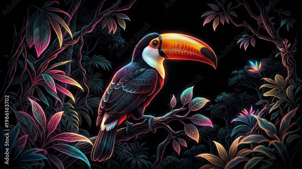 Obraz premium Vibrant Toucan in Tropical Jungle Toucan Tropical Jungle Bird Colorful Nature Wildlife. Concept featuring toucan, tropical, jungle, bird, colorful for professional commercial design.