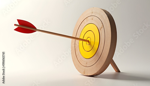 Red and Yellow Target with Arrow Isolated PNG, Bullseye Goal Achievement Concept, Archery Target on Transparent Background