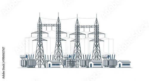 A comprehensive electrical substation facility features large grey transformers and small white control buildings situated beneath tall metal towers on white.