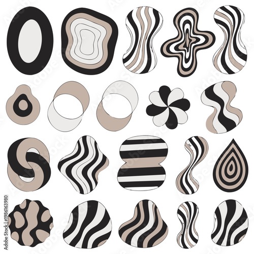 A seamless vector collection of brown coffee cup icons and heart symbols featuring decorative food illustrations and artistic logo elements for creative design patterns