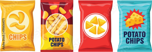 A colorful assortment of potato chip bags on a white background