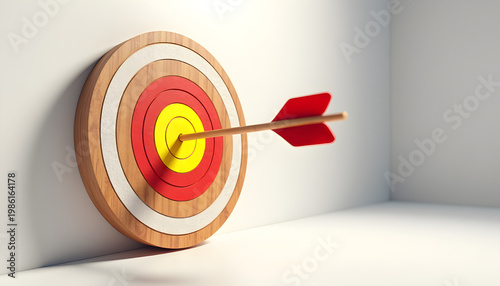 Red and Yellow Target with Arrow Isolated PNG, Bullseye Goal Achievement Concept, Archery Target on Transparent Background
