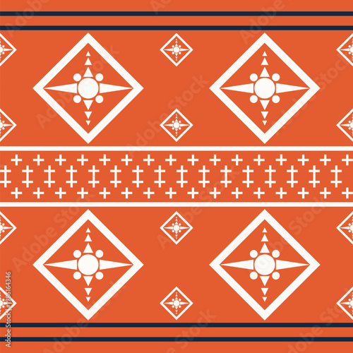 Seamless geometric tribal pattern with southwestern motifs, diamonds, stars, and crosses on a burnt orange background.