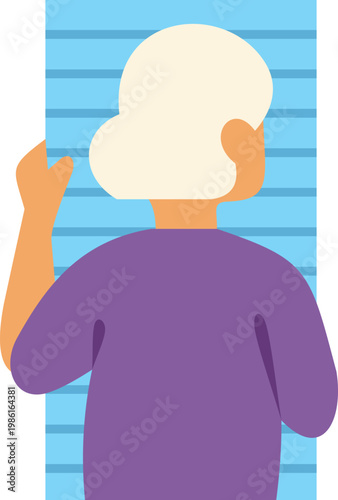 Senior woman gazing outside through blue blinds, symbolizing curiosity and solitude