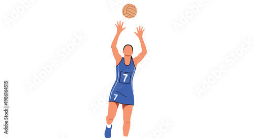 A professional netball player wearing a blue jersey with the number seven reaches both hands high to catch a brown leather ball on a white background.