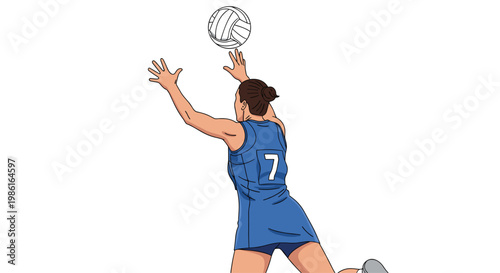 The rear perspective of a determined netball player in a blue athletic dress reaching upward to intercept a white and black patterned ball in mid-air.