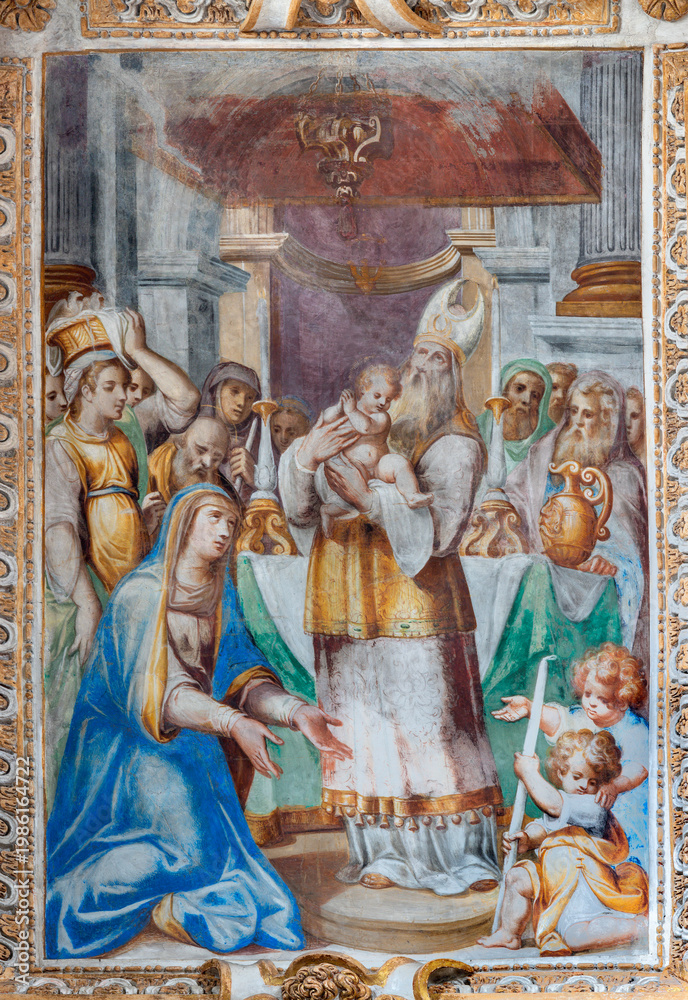 Fototapeta premium Novara - The baroque fresco of Presentation of Jesus in temple in the church Basilica di San Gaudenzio by Camillo Landriani (1602 - 1617).