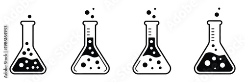 Science lab flask icon set, laboratory chemical flask symbols and sign collection in modern line and flat vector style, representing scientific research