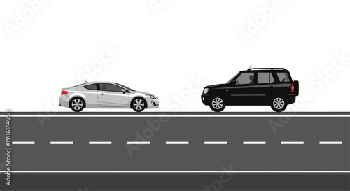 A sleek white modern coupe and a rugged black sport utility vehicle are positioned on a dark grey asphalt road with distinct white dashed lane markings.