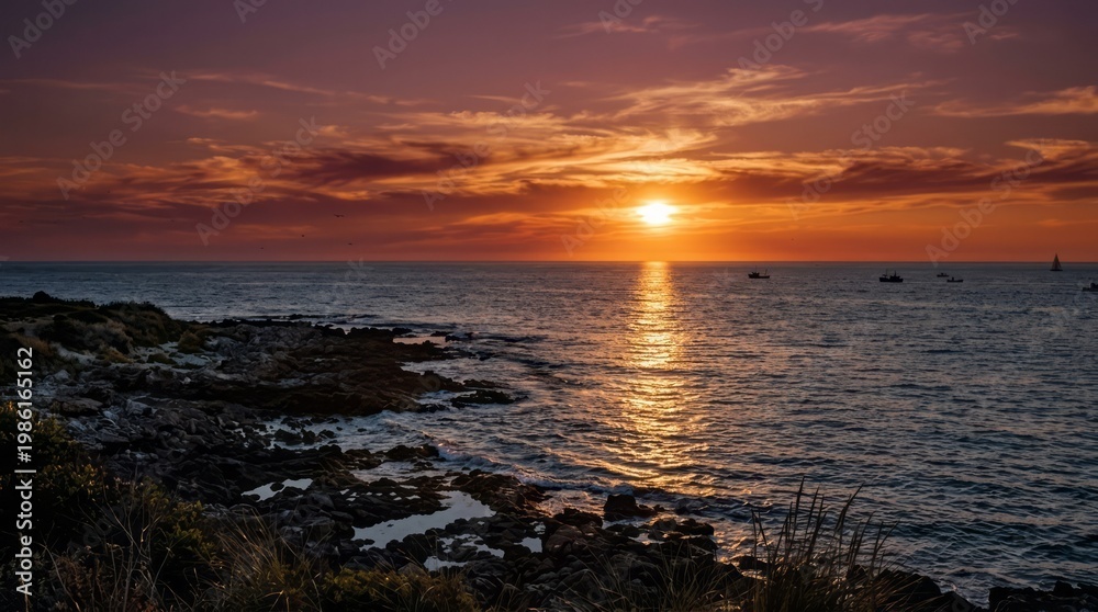 Fototapeta premium Stunning Sunset Over Calm Ocean Sunset Ocean Sea Landscape Nature Water Sky. Concept featuring sunset, ocean, sea, landscape, nature for professional commercial design.
