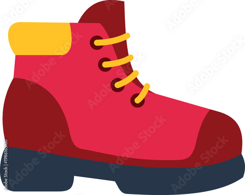 Colorful red hiking boot illustration with yellow laces and dark sole on white background