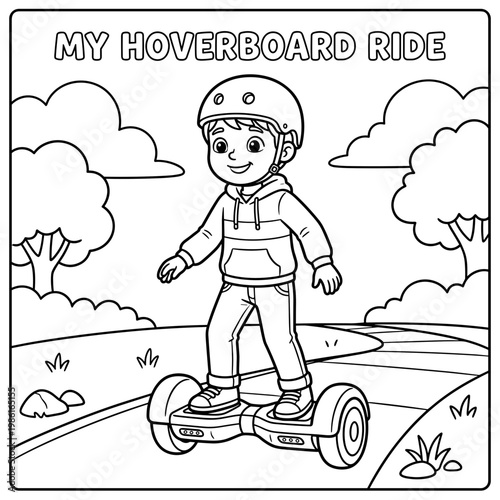 Boy riding hoverboard in park with trees and path in daylight  coloring page
