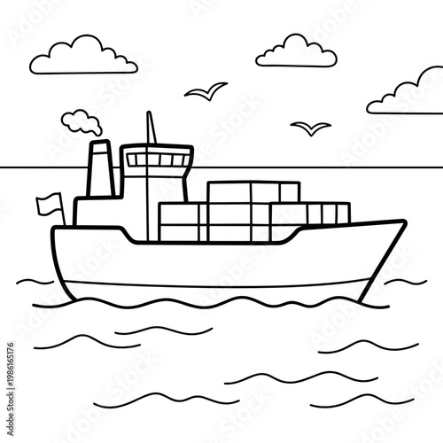 Cargo ship with containers sailing on calm sea under clouds  coloring page