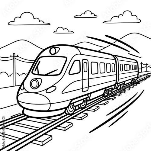 Train traveling on railway tracks through scenic landscape  coloring page