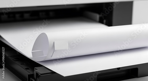 Close up of blank white paper sheet being printed by laser printer.