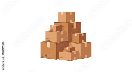 A diverse collection of sturdy brown cardboard shipping boxes is meticulously stacked into a tall pyramid formation against a pristine and neutral white background.