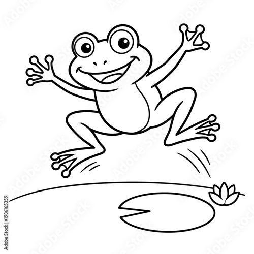 Cartoon frog jumping joyfully near water lily pad  coloring page