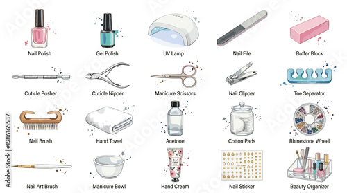 Manicure tools and nail care vector set with polish bottles, UV lamp, files, cuticle oil, remover, brush and pedicure accessories isolated on white