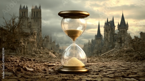 Sand flows through an hourglass in a ruined landscape with tall buildings under a cloudy sky in a post-apocalyptic setting
