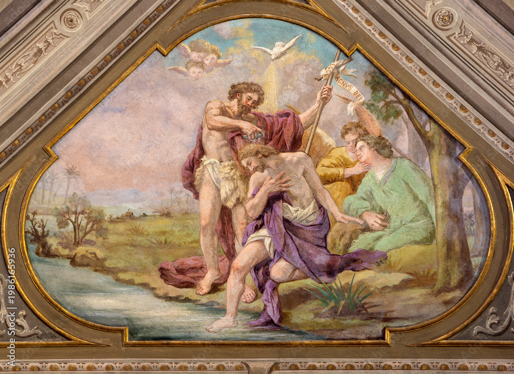 Fototapeta premium Novara - The fresco of Baptism of Jesus in church Chiesa di San Giovanni Decolato by Paolo Giovanni Crida 