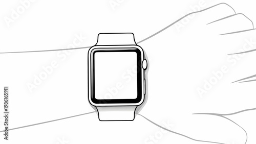 Modern digital smartwatch with a blank screen worn on a person's wrist isolated on a clean white background showcasing wearable technology and minimalist design