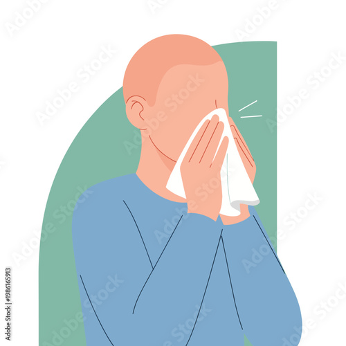Illustration of a person holding a tissue to their face, possibly indicating illness, allergies, or emotional distress. The figure is depicted with a simple, clean design.