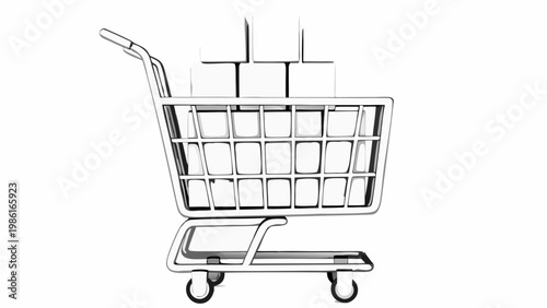 Hand drawn sketch of a shopping cart filled with stacked delivery boxes symbolizing e commerce online shopping and retail logistics with a clean minimalist aesthetic