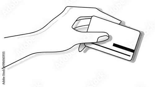Close up of a stylized hand holding a blank credit card with a magnetic stripe representing digital transactions online shopping and financial services in a clean modern graphic
