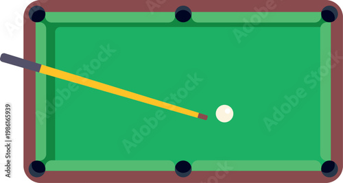 Clean vector design of a green billiards table with a cue stick and cue ball centered on white background