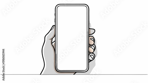 Close up hand holding a modern smartphone with a blank white screen for mockup purposes isolated on a minimalist white background with clean line art style conveying digital