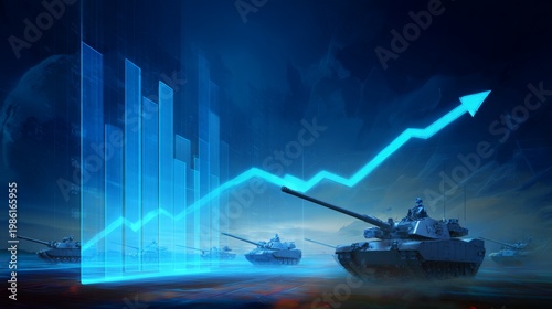 Military tanks move forward with growth charts during a strategic military exercise in an abstract digital world at night