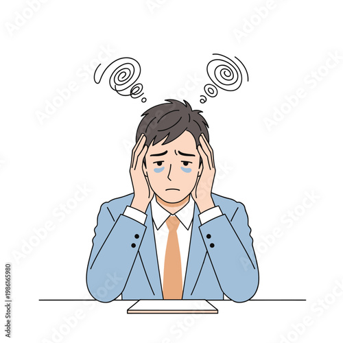 A distressed businessman with swirling thoughts above his head, symbolizing stress, anxiety, and mental overload in a professional setting. He is wearing a suit and tie, sitting at a desk.