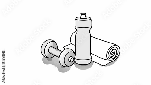 Isolated vector illustration of gym equipment including a single dumbbell a sports water bottle and a rolled up exercise mat set against a clean white background with subtle drop