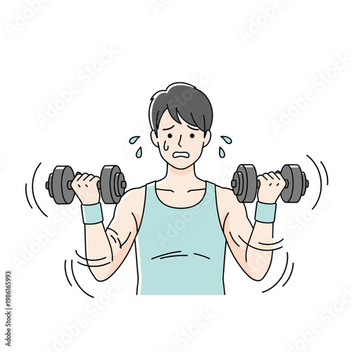 Illustration of a man struggling to lift dumbbells, showcasing the challenges and effort involved in weightlifting and physical fitness.