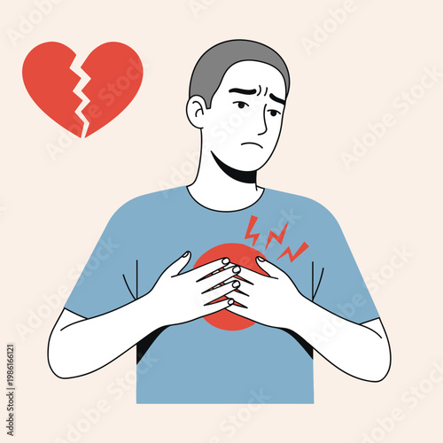Illustration of a man clutching his chest in pain, accompanied by a broken heart symbol, representing emotional distress and heartbreak. hearthache