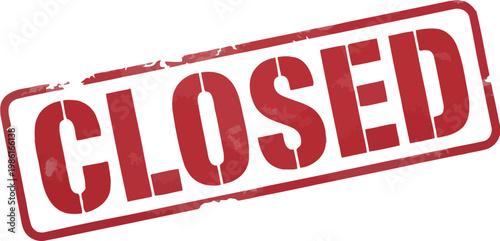 Red closed stamp sign with rectangular border and distressed texture on white background