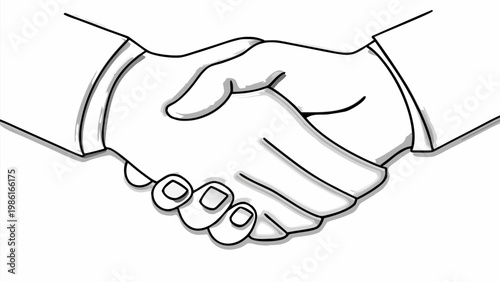 Close up illustration of two business professionals firmly shaking hands symbolizing agreement partnership and trust rendered in a clean minimalist line art style with subtle