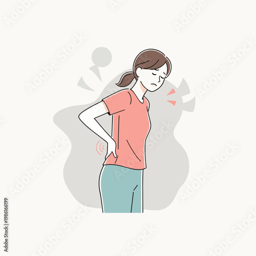 Illustration of a woman holding her back in pain, depicting health issues, discomfort, and the need for medical attention and wellness practices.