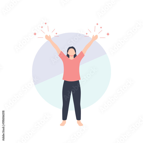 A woman stands with arms raised, celebrating a victory or achievement, radiating happiness and success. The illustration captures a moment of triumph and positive energy.