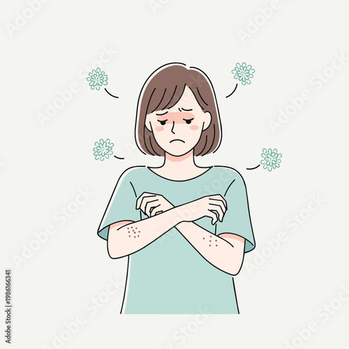 Illustration of a woman with a skin rash on her arms, looking unwell and with a worried expression. She has her arms crossed.