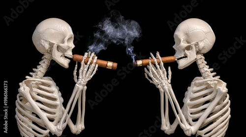 Skeletons enjoy cigars while facing each other in a dark setting with smoke rising in the air