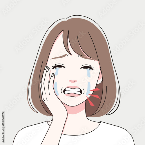 Illustration of a woman with a toothache, tears streaming down her face, and hand on her cheek, indicating dental pain.