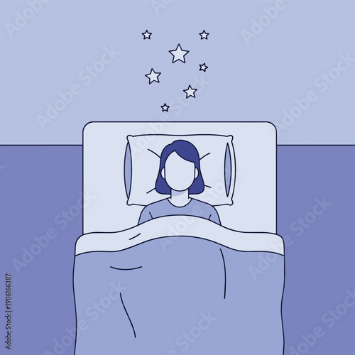 Illustration of a woman sleeping peacefully in her bed under a blanket with stars above her, representing a good night's rest.
